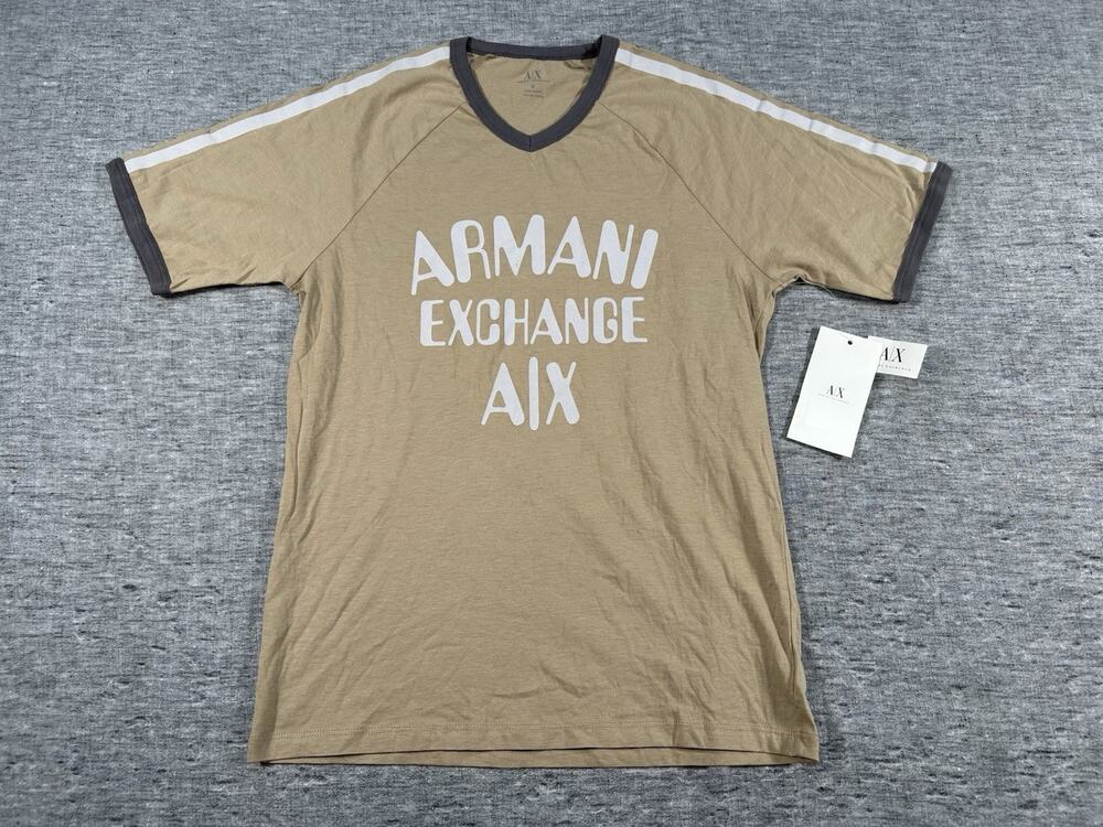 Armani Exchange Shirt Mens Medium Tan Khaki Short Sleeve Cotton V-Neck Ringer